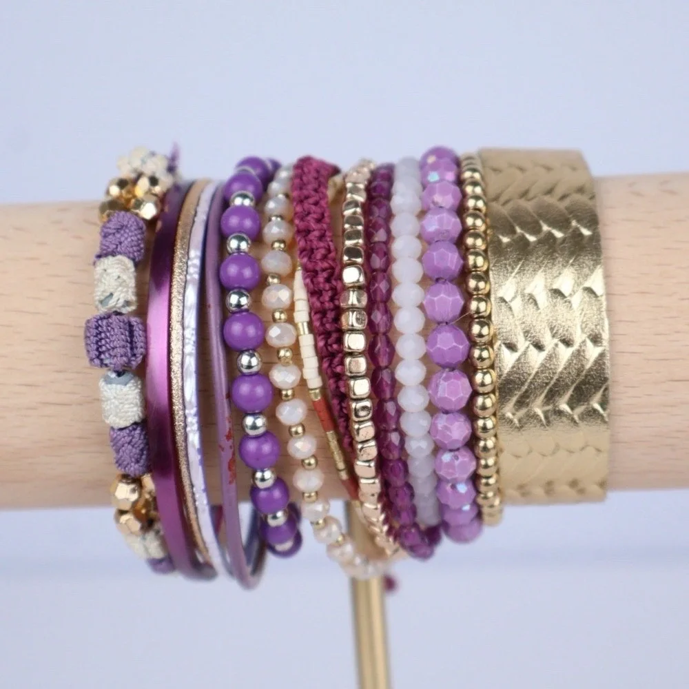 Women Bracelet Stack (15)‎ Bangle Beaded Woven Stretch Purple Gold Leather Stone